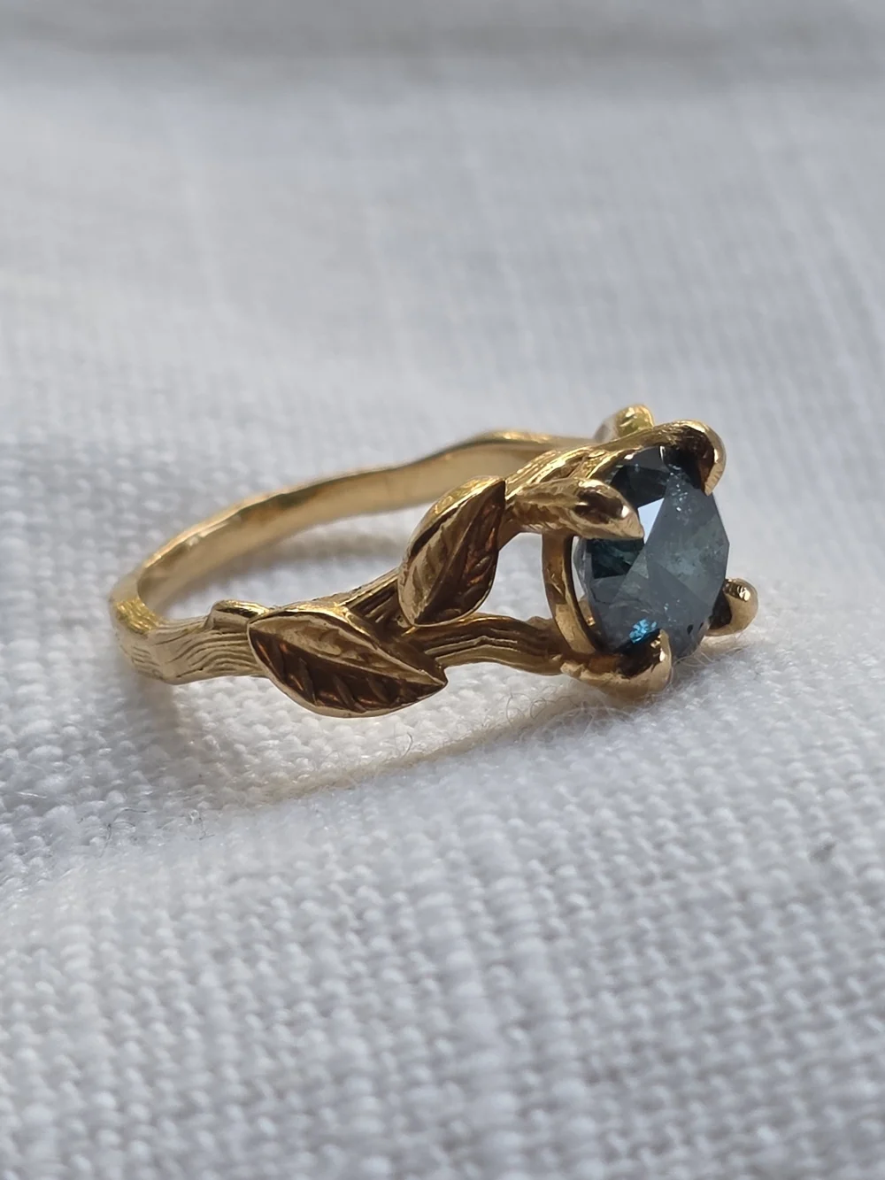 Gold Leaf Band Ring with Deep Teal Gemstone